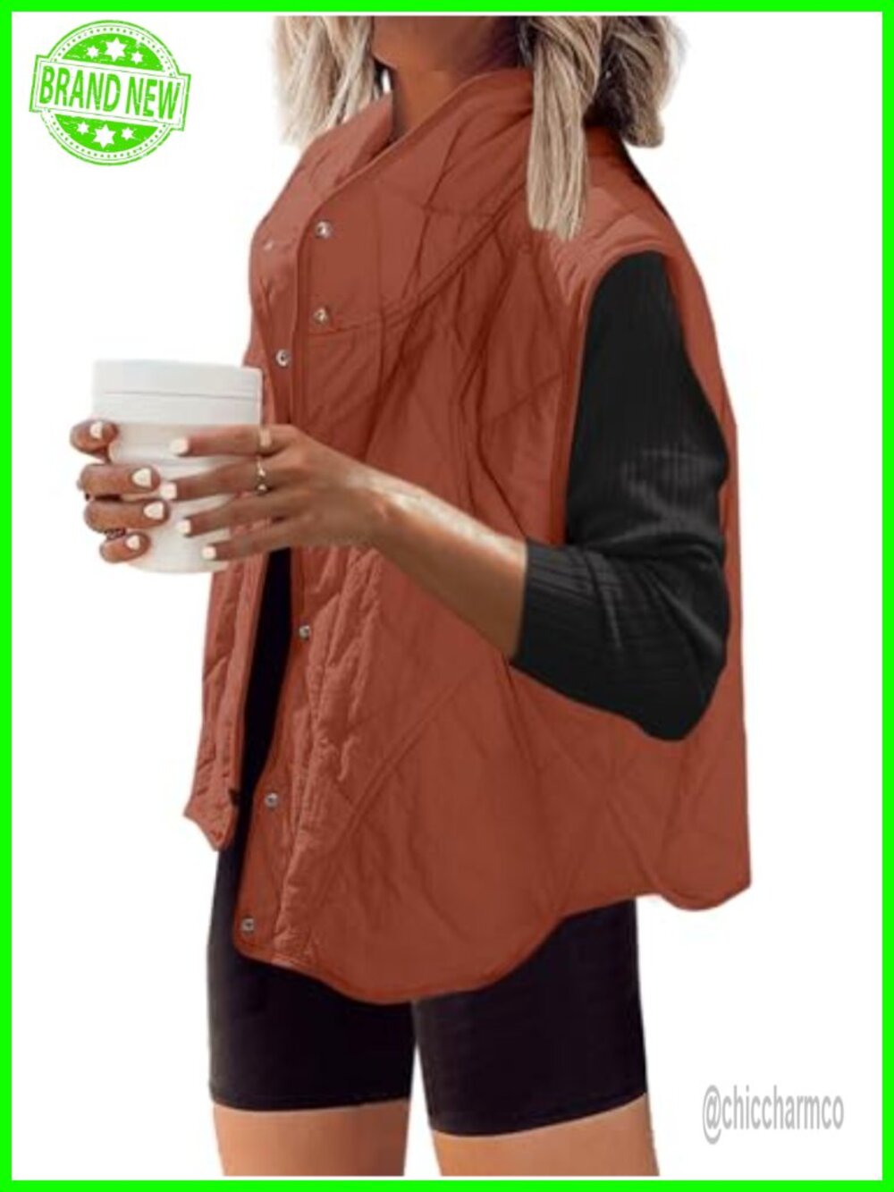 Womens Quilted Puffer Vest Lightweight Oversized Snap Button Winter